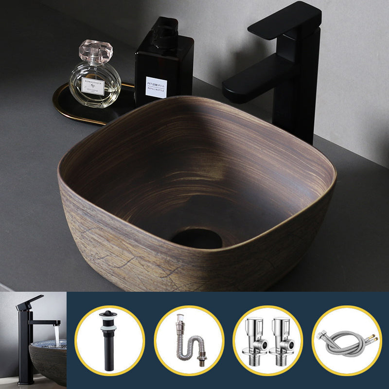 Traditional Bathroom Sink Porcelain Oval-Shape Vessel Lavatory Sink with Pop-Up Drain