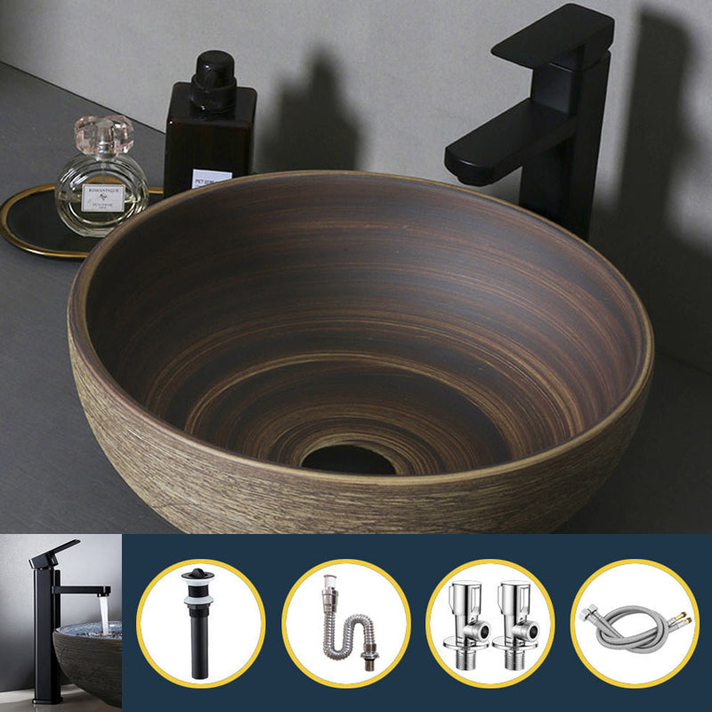 Traditional Bathroom Sink Porcelain Oval-Shape Vessel Lavatory Sink with Pop-Up Drain