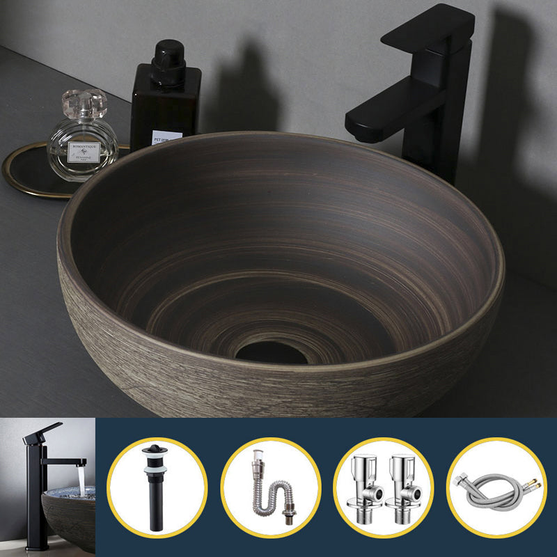 Traditional Bathroom Sink Porcelain Oval-Shape Vessel Lavatory Sink with Pop-Up Drain
