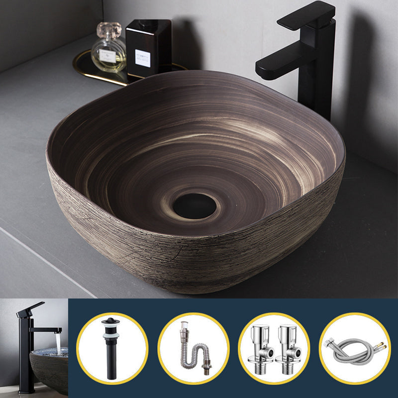 Traditional Bathroom Sink Porcelain Oval-Shape Vessel Lavatory Sink with Pop-Up Drain