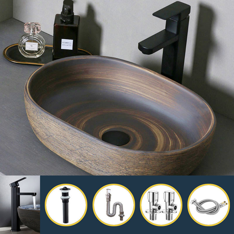Traditional Bathroom Sink Porcelain Oval-Shape Vessel Lavatory Sink with Pop-Up Drain