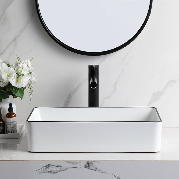 Contemporary Bathroom Sink Rectangular Porcelain Vessel Sink with Pop-Up Drain