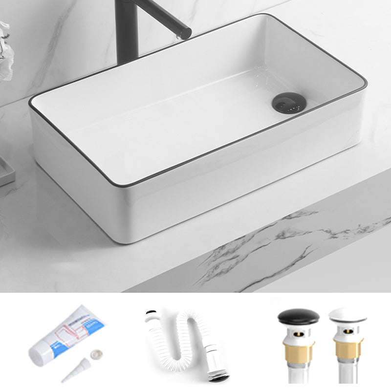 Contemporary Bathroom Sink Rectangular Porcelain Vessel Sink with Pop-Up Drain