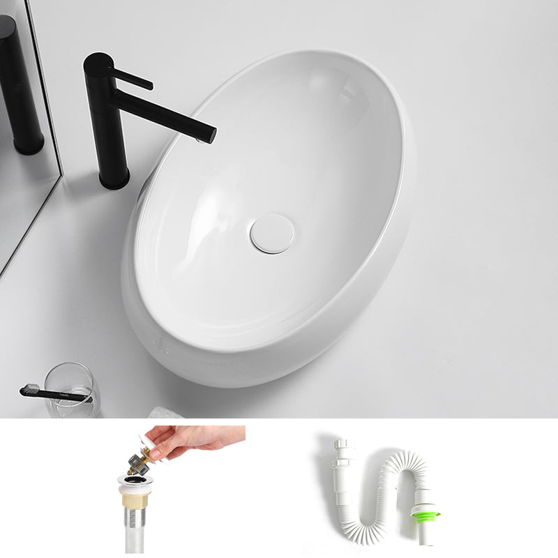 Traditional Vessel Lavatory Sink Oval Porcelain with Pop-Up Drain Basin Sink