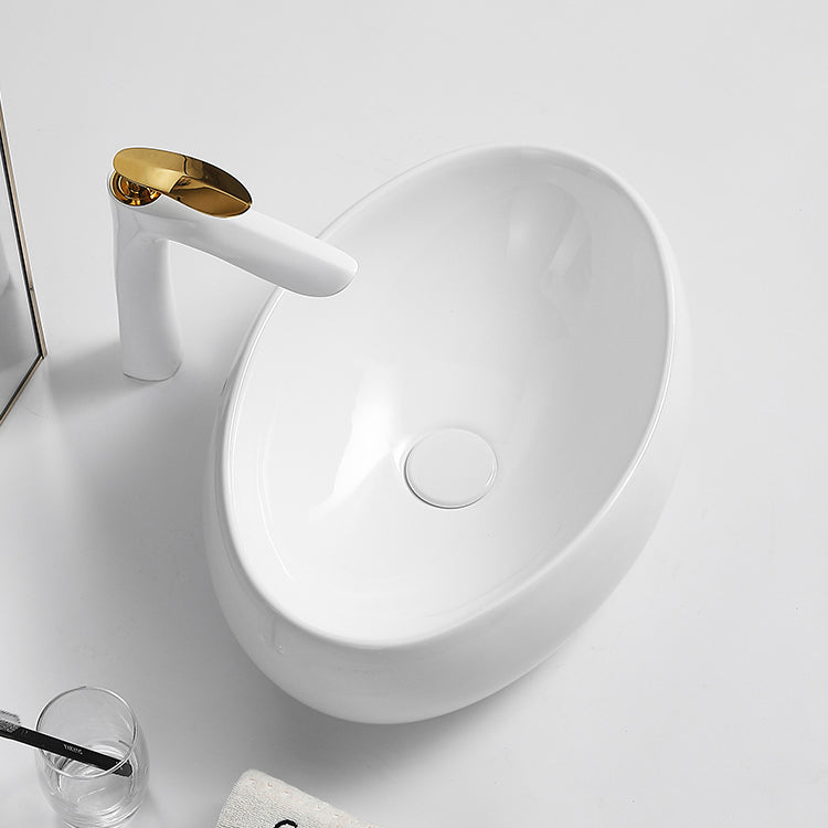 Traditional Vessel Lavatory Sink Oval Porcelain with Pop-Up Drain Basin Sink