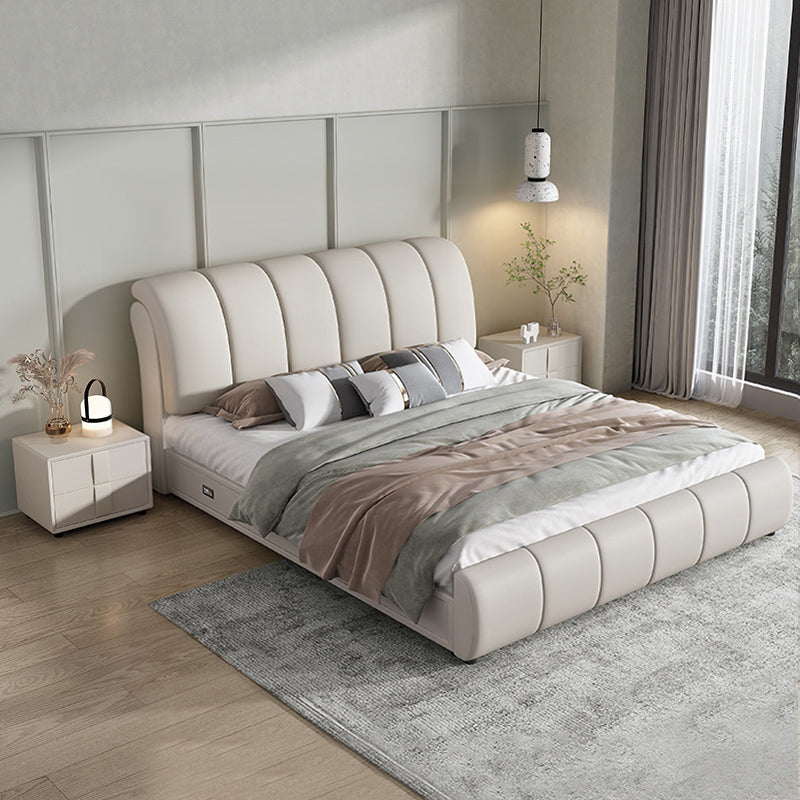 Faux Leather White Panel Bed Modern Standard Bed with Upholstered Headboard