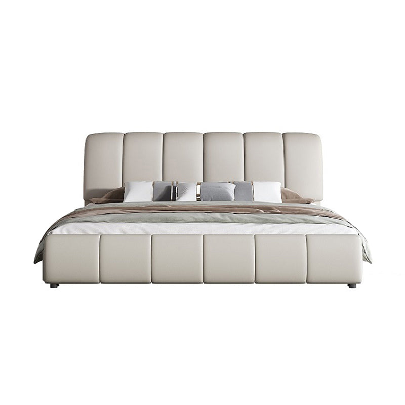 Faux Leather White Panel Bed Modern Standard Bed with Upholstered Headboard