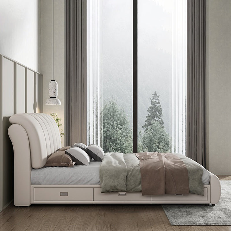 Faux Leather White Panel Bed Modern Standard Bed with Upholstered Headboard