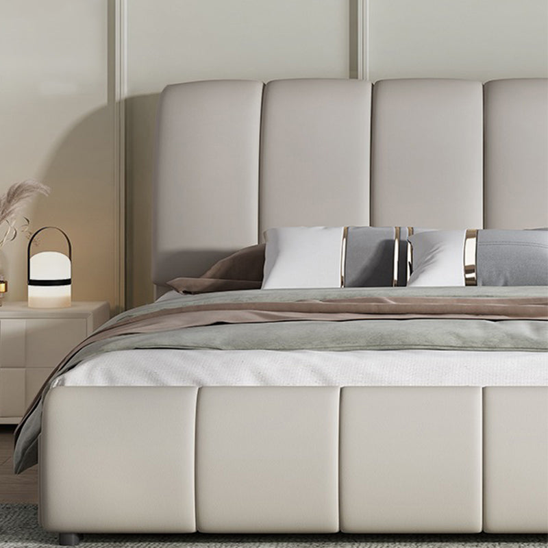 Faux Leather White Panel Bed Modern Standard Bed with Upholstered Headboard
