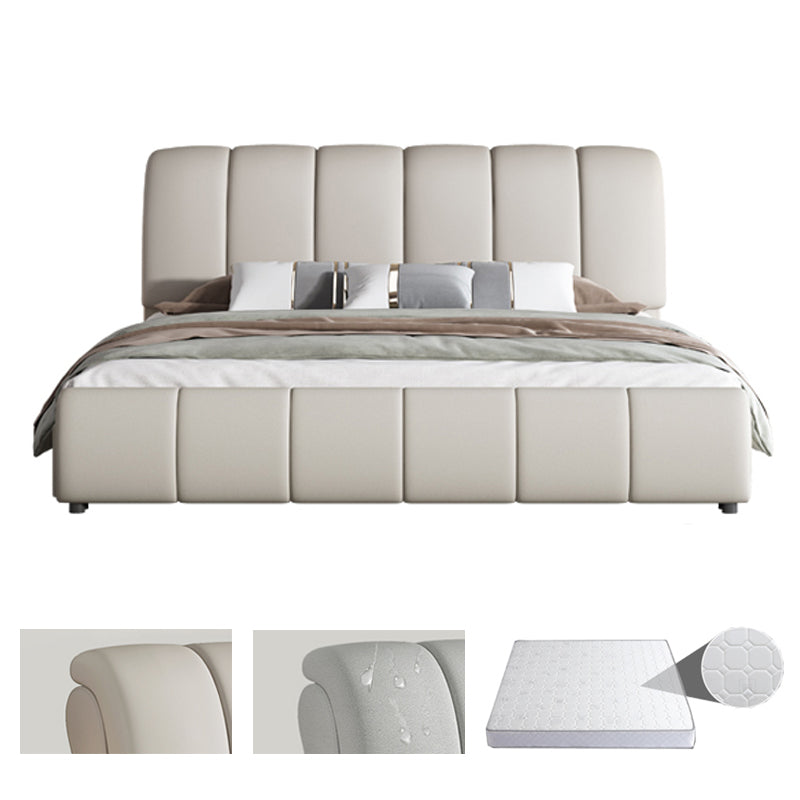 Faux Leather White Panel Bed Modern Standard Bed with Upholstered Headboard