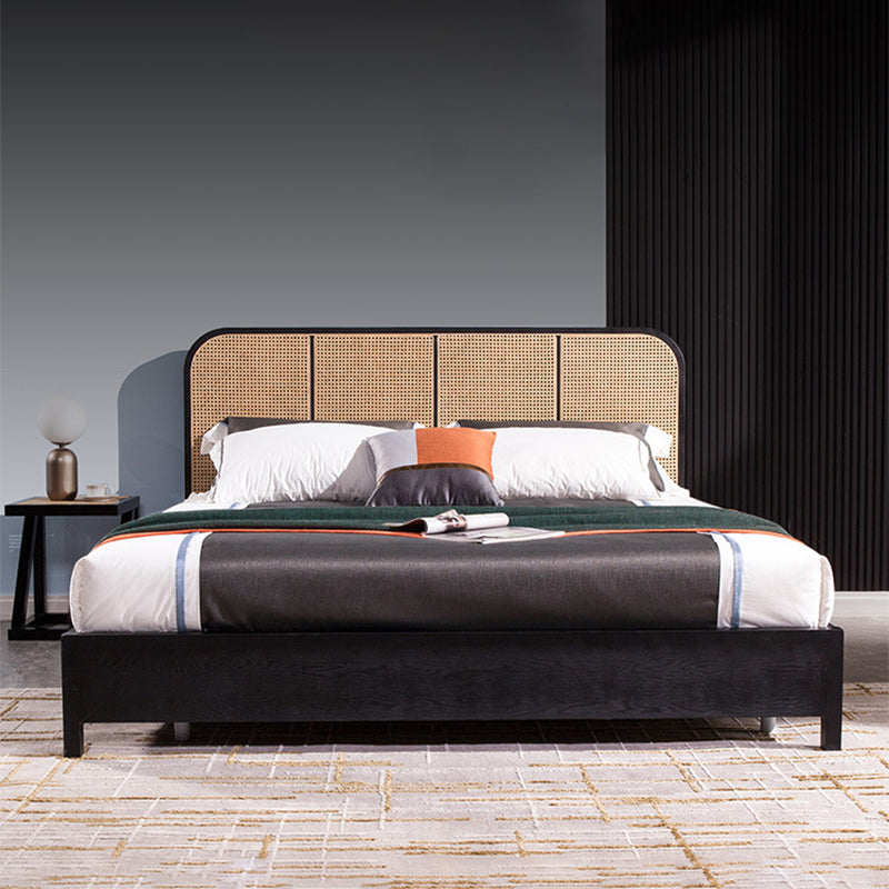 Tropical Style Ash Bed Frame Espresso Rattan Headboard Panel Bed with Mattress