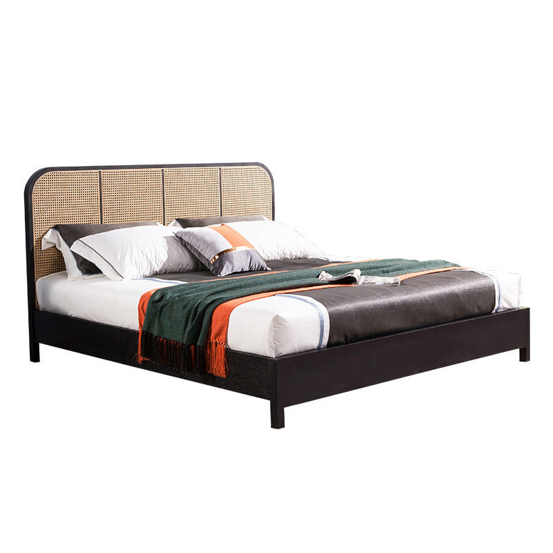 Tropical Style Ash Bed Frame Espresso Rattan Headboard Panel Bed with Mattress