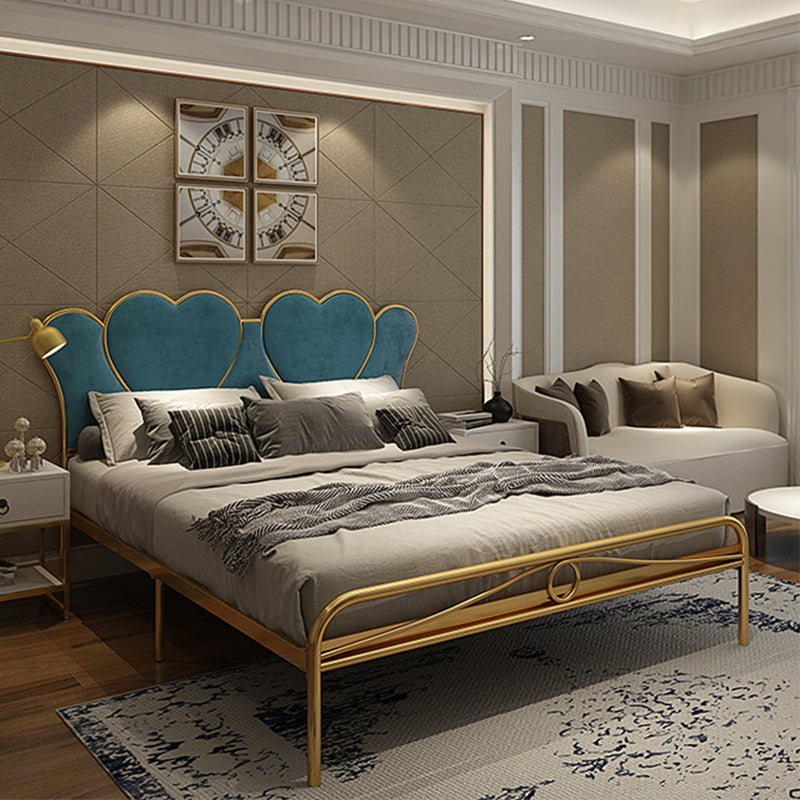 Metal Wire-Grid Bed Frame Upholstered Panel Bed with Heart-Shaped Headboard