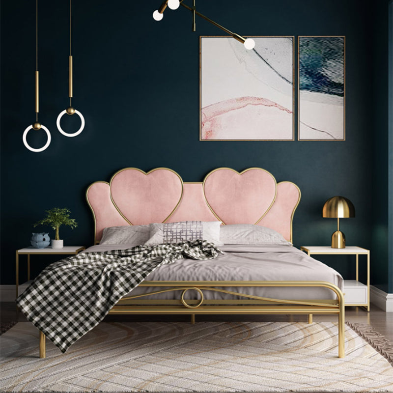 Metal Wire-Grid Bed Frame Upholstered Panel Bed with Heart-Shaped Headboard