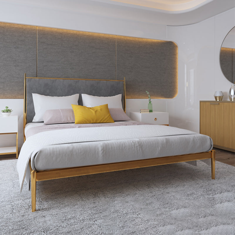 Luxurious Iron Bed Frame in Brass Upholstered High Panel Bed