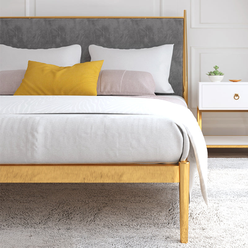 Luxurious Iron Bed Frame in Brass Upholstered High Panel Bed
