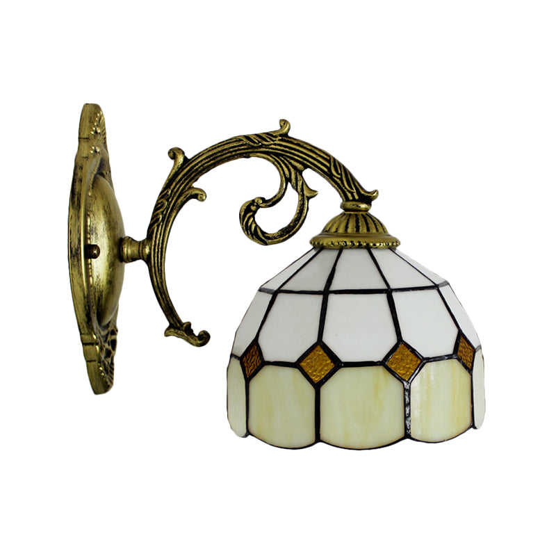 Curved Arm Wall Sconce with Bowl Stained Glass Shade 1 Light Tiffany Wall Lighting