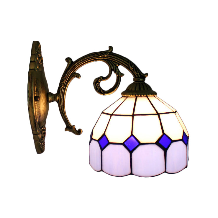 Curved Arm Wall Sconce with Bowl Stained Glass Shade 1 Light Tiffany Wall Lighting