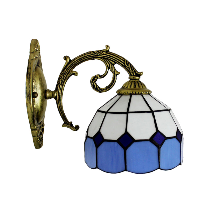 Curved Arm Wall Sconce with Bowl Stained Glass Shade 1 Light Tiffany Wall Lighting