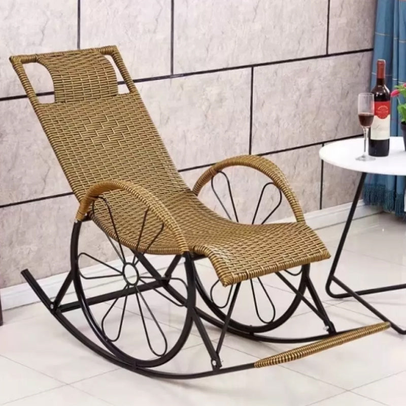 Contemporary Spindle Rattan Rocking Chair Wheel Handrail Design Metal Frame Rocker Chair