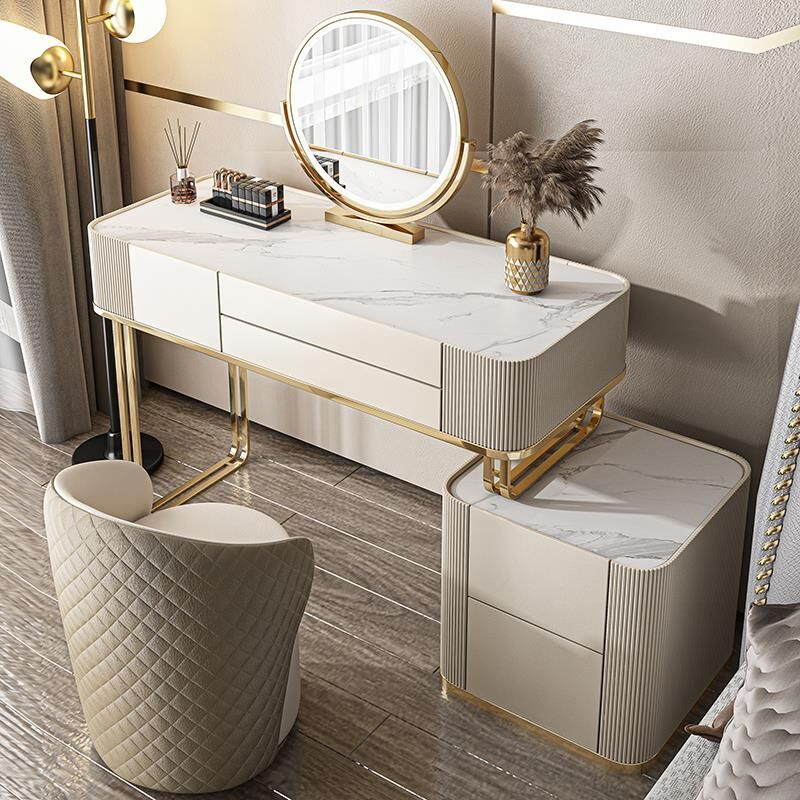 Dimmable Lighted Mirror Dressing Table with 5 Drawers Glass/Stone Top Make-up Vanity