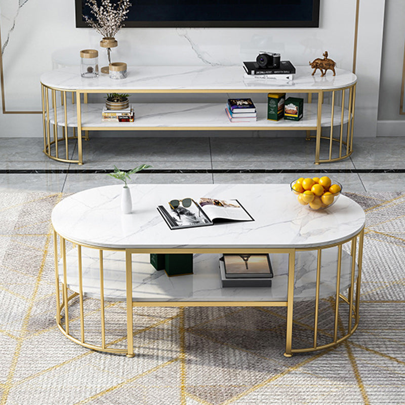 Glam Marble Coffee Cocktail Table Frame Oval Coffee Table with Shelf