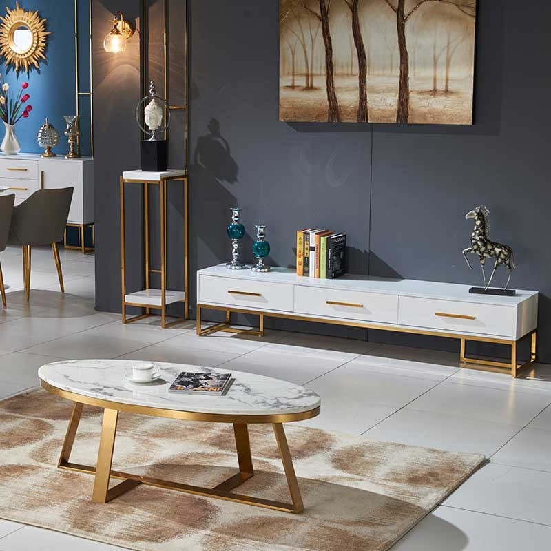Glam Metal Cross Legs Coffee Table Faux Marble Oval Coffee Table