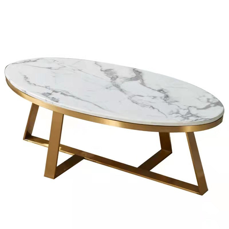 Glam Metal Cross Legs Coffee Table Faux Marble Oval Coffee Table
