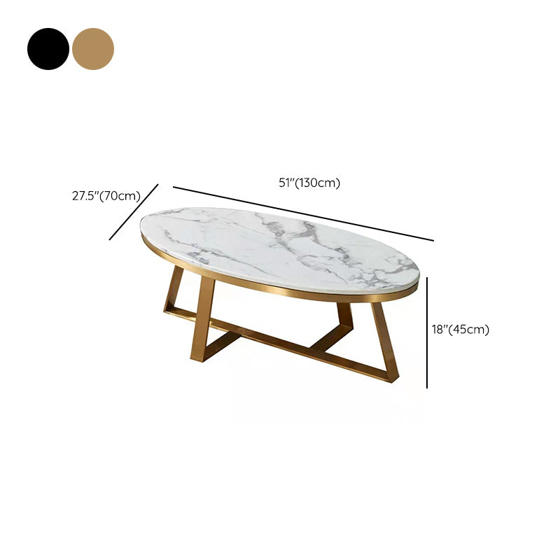 Glam Metal Cross Legs Coffee Table Faux Marble Oval Coffee Table