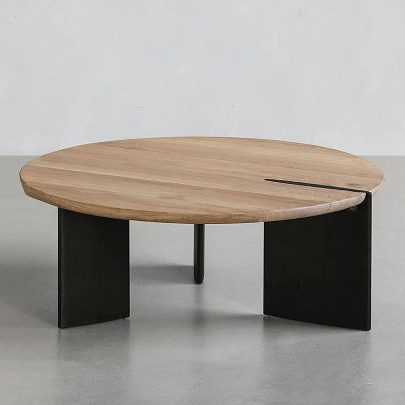 Scandinavian Pine Wood Cocktail Table with Round Top and Black Base