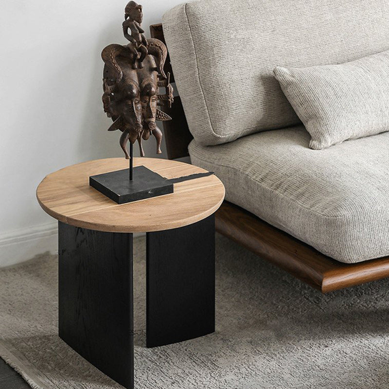 Scandinavian Pine Wood Cocktail Table with Round Top and Black Base