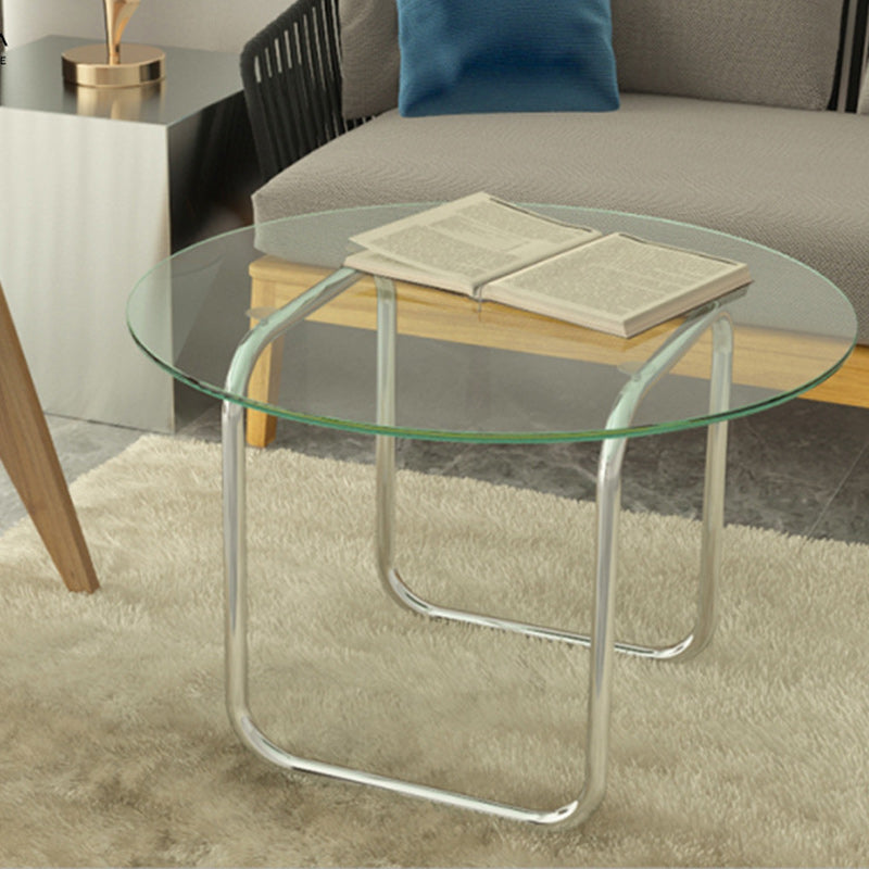 Modern Round Glass Coffee Table with Stainsteel Sled Stainless Steel Base
