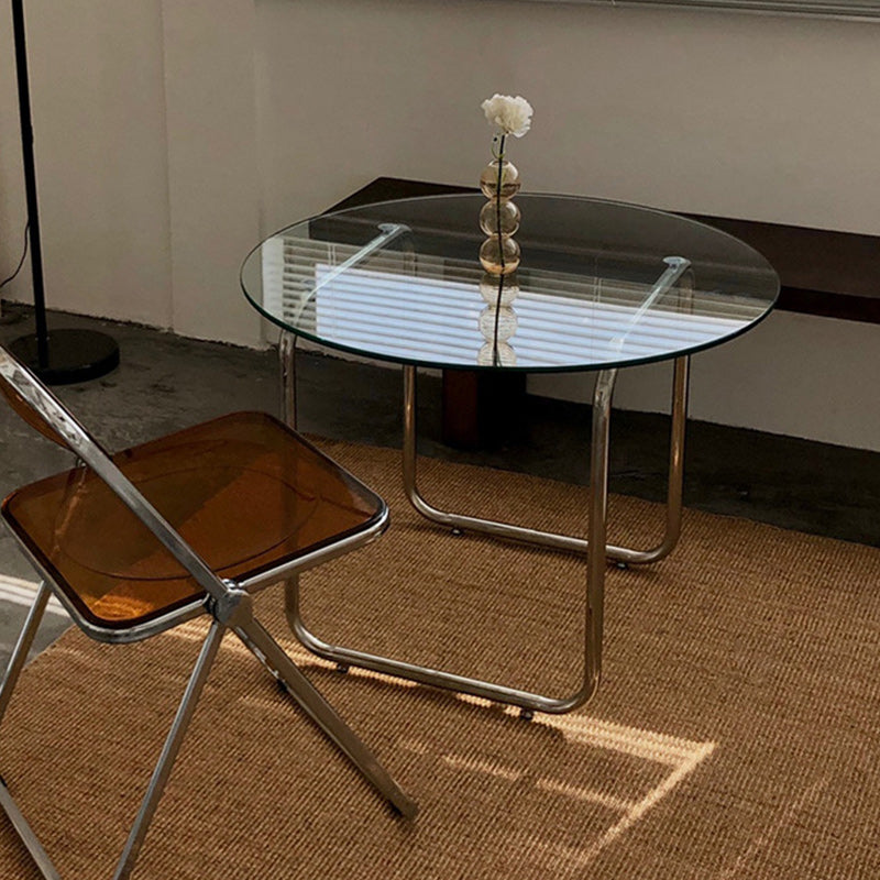 Modern Round Glass Coffee Table with Stainsteel Sled Stainless Steel Base