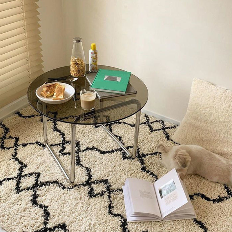 Modern Round Glass Coffee Table with Stainsteel Sled Stainless Steel Base