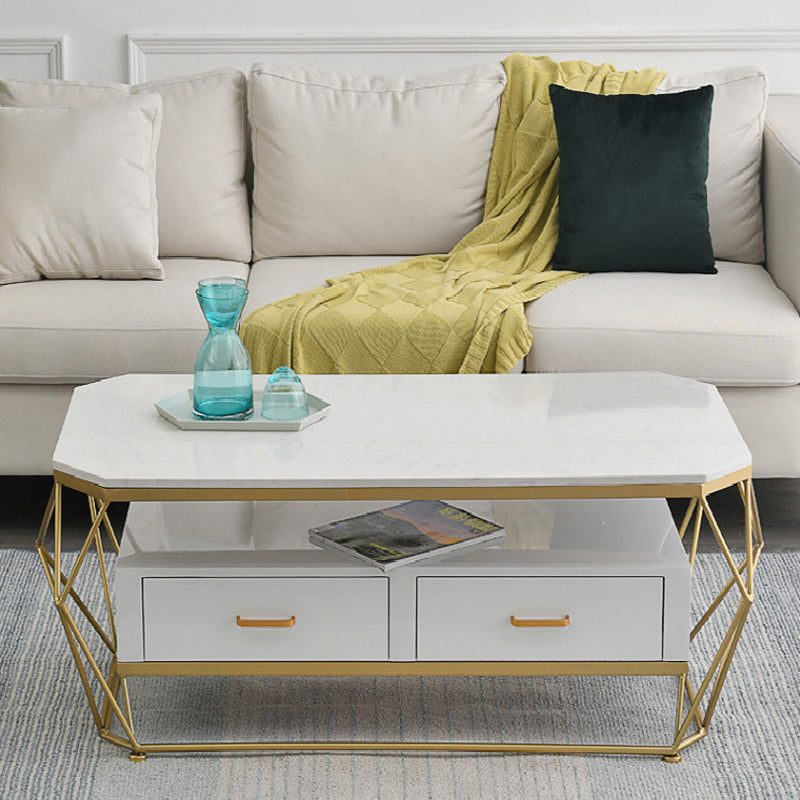 Glam Coffee Table with Glass/Marble Top and 2 Drawers and Iron Base