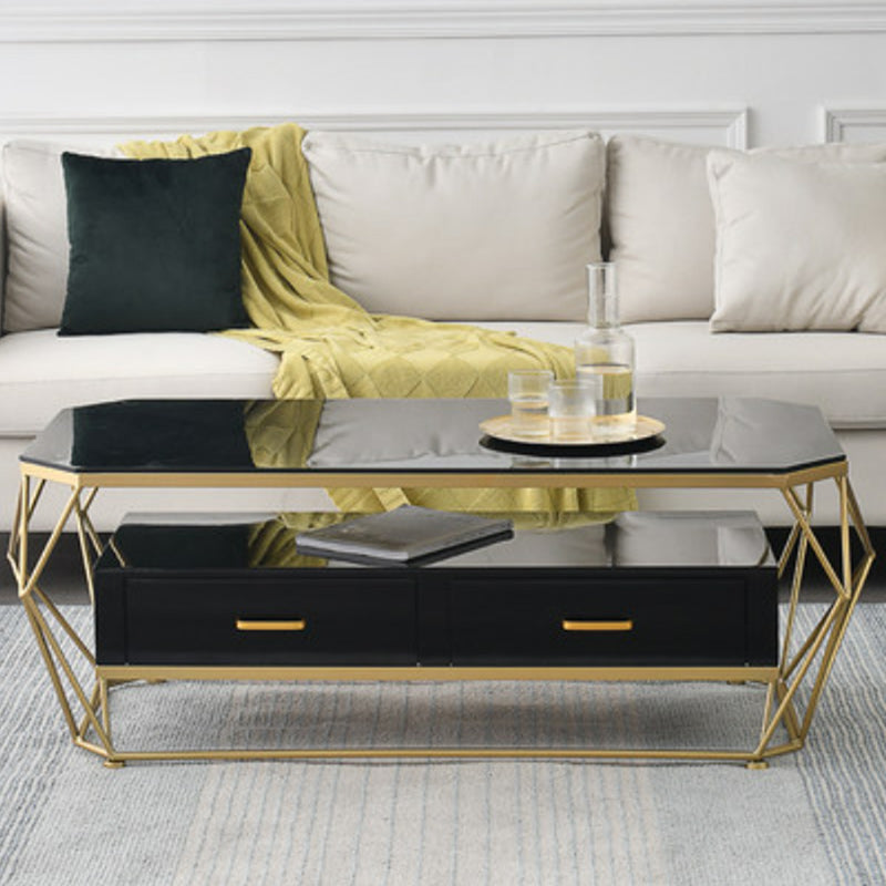 Glam Coffee Table with Glass/Marble Top and 2 Drawers and Iron Base