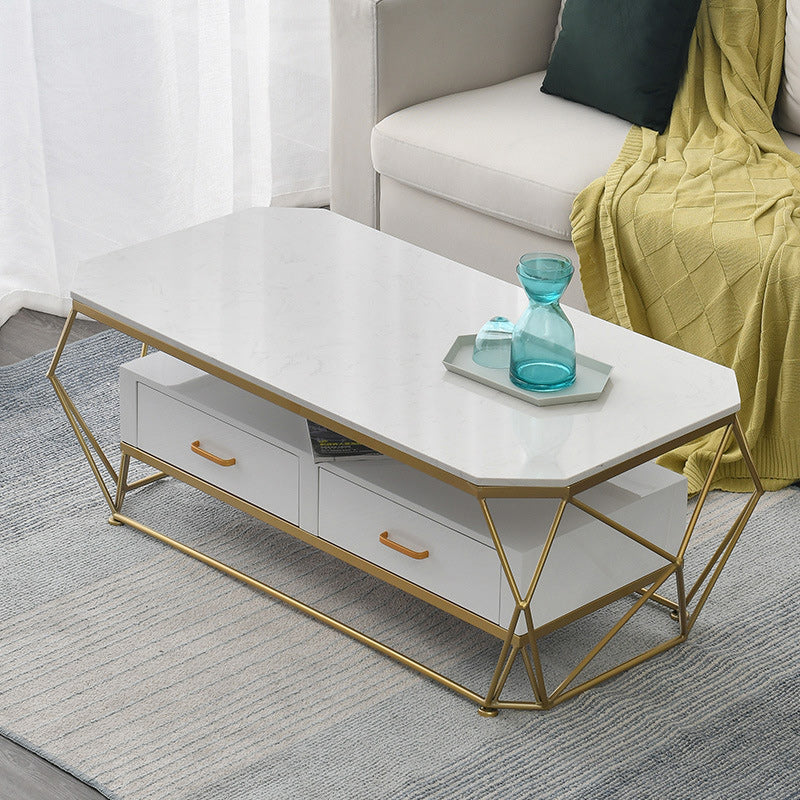 Glam Coffee Table with Glass/Marble Top and 2 Drawers and Iron Base