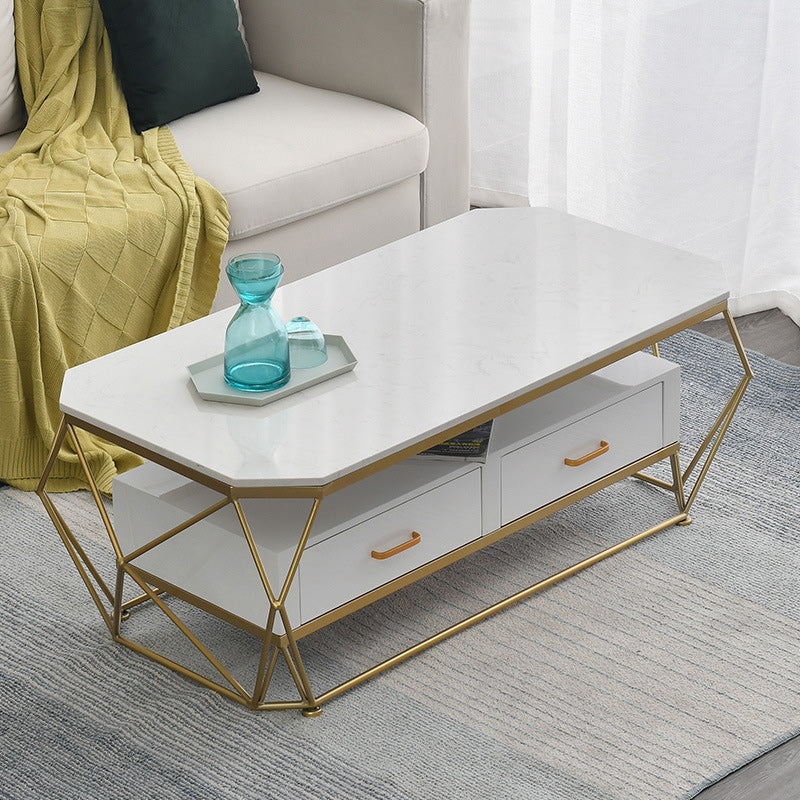 Glam Coffee Table with Glass/Marble Top and 2 Drawers and Iron Base