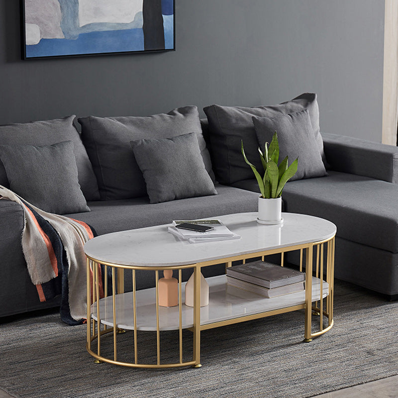 Glam Oval Marble Coffee Table 17.7"H Steel Sled Cocktail Table with Shelf