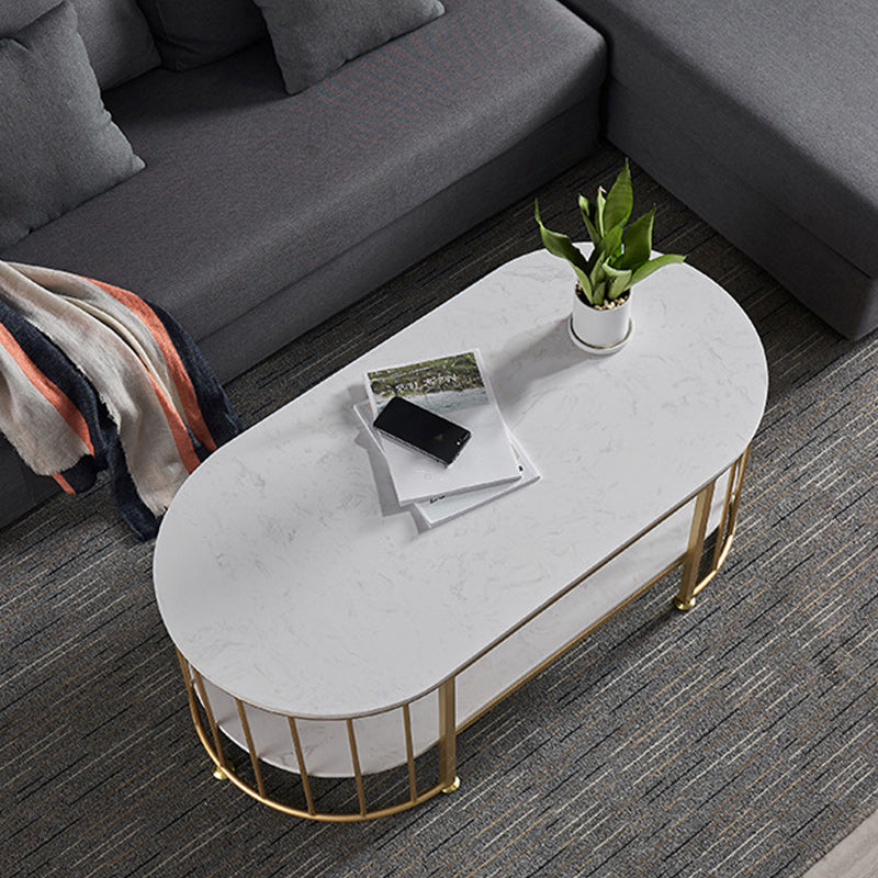 Glam Oval Marble Coffee Table 17.7"H Steel Sled Cocktail Table with Shelf