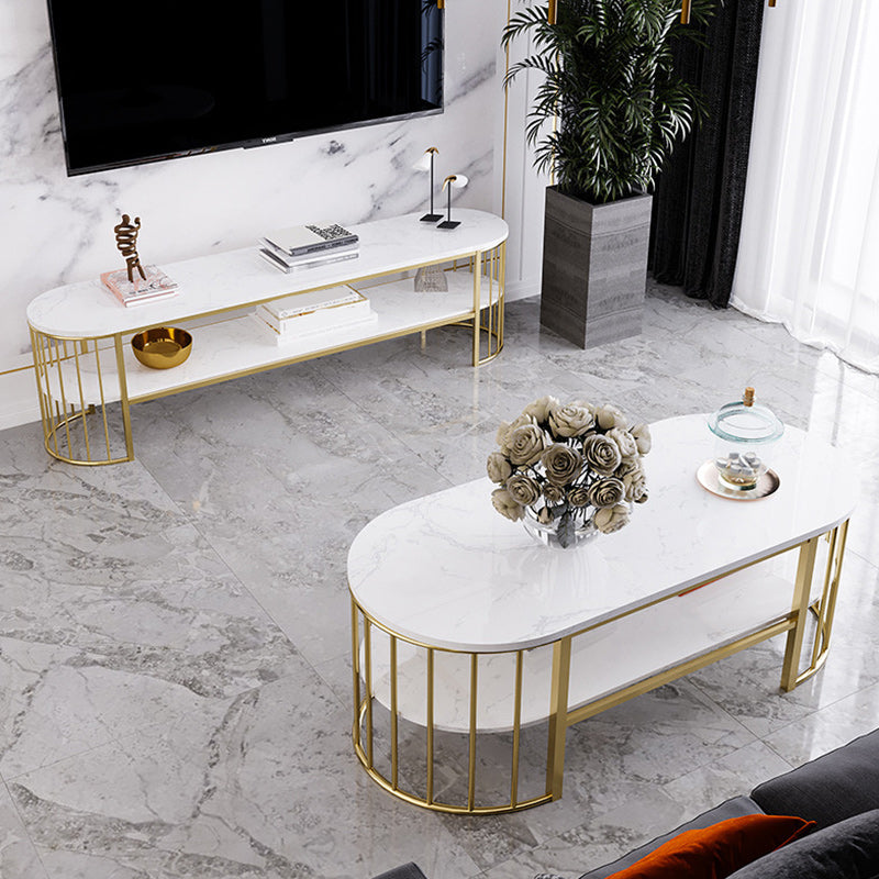 Glam Oval Marble Coffee Table 17.7"H Steel Sled Cocktail Table with Shelf
