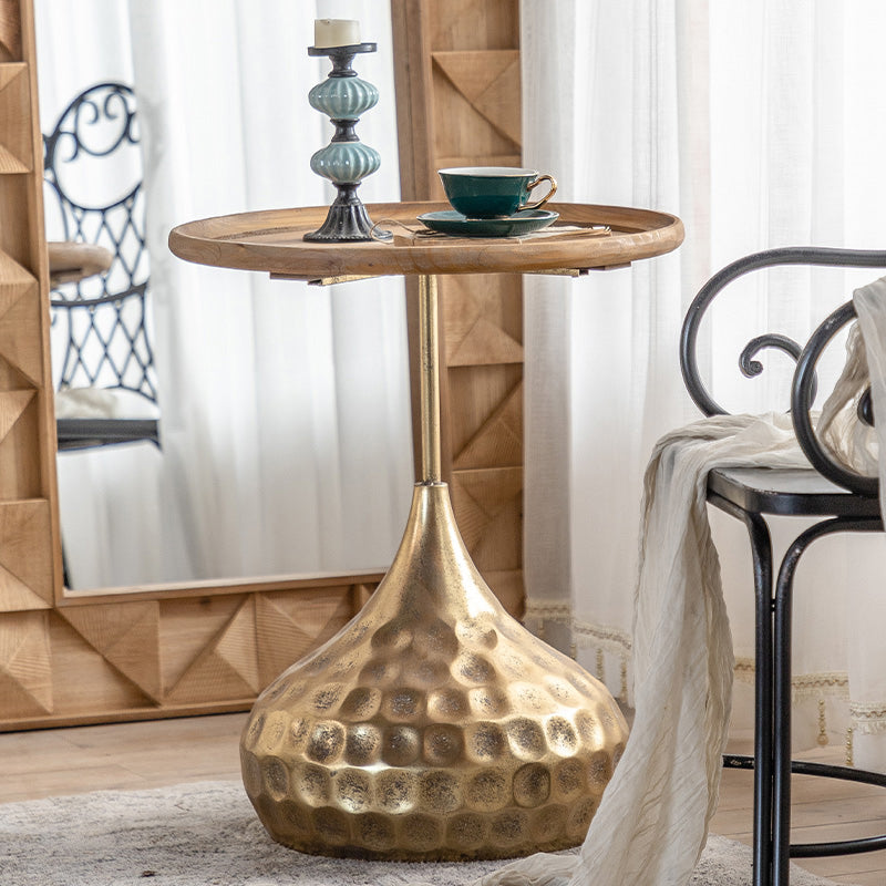 Round Wood Distressed Coffee Table Metal Pedestal Cocktail Table