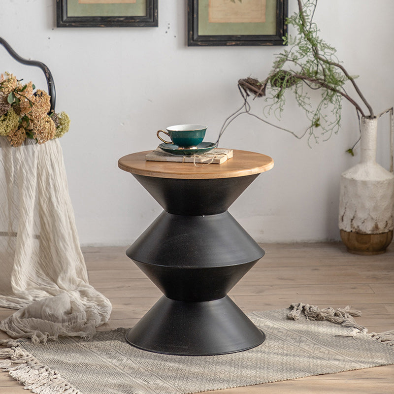 Round Wood Distressed Coffee Table Metal Pedestal Cocktail Table