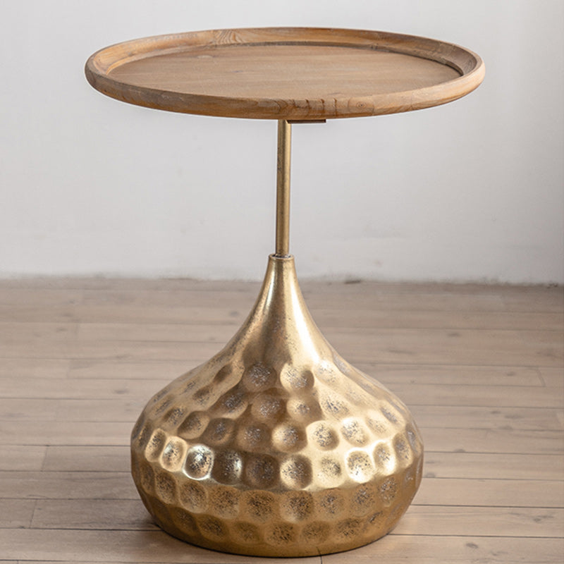 Round Wood Distressed Coffee Table Metal Pedestal Cocktail Table