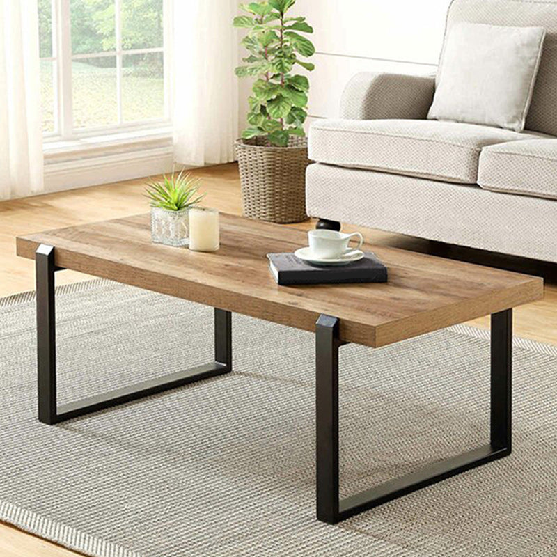 Scandinavian Coffee Table with Rectangle Solid Wood Top and Iron Sled Base