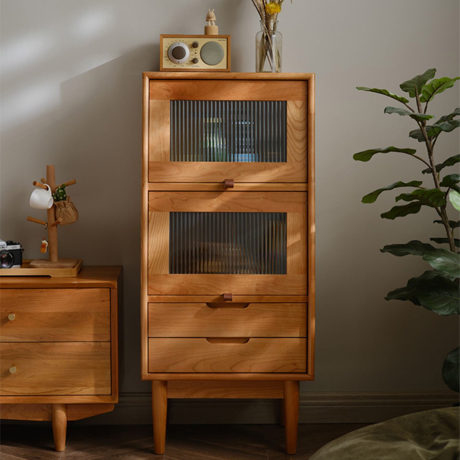 Contemporary Cabinet Solid Wood with Glass Doors and Drawers Accent Cabinet
