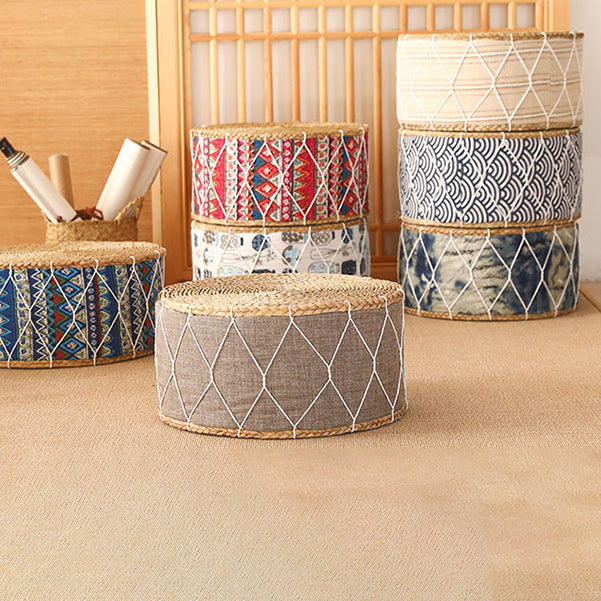 Traditional Poof Tribal Pattern Cylinder Shape Rattan Tear Resistant Pouf