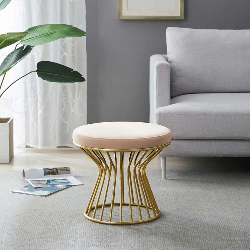 Gorgeous Ottoman Velvet Upholstered Solid Color Metal Frame Round Ottoman