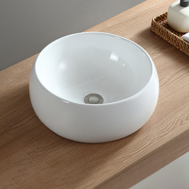 Modern Bathroom Sink Pop-Up Drain Porcelain Round Vessel Sink