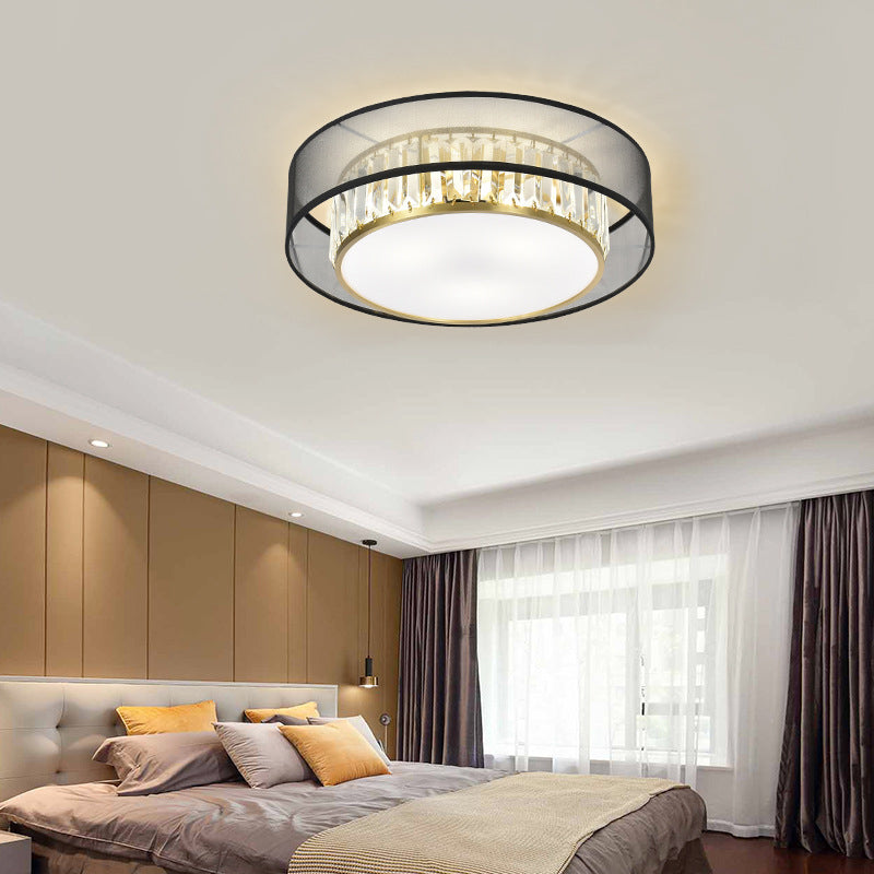 Modern Flush Light Drum Ceiling Lighting with Crystal and Fabric for Bedroom